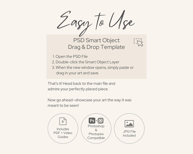May include: A cream-coloured digital template with the words "Easy to Use" in a handwritten font. The template includes instructions for using a PSD Smart Object Drag & Drop Template, with icons indicating PDF guides, Photoshop compatibility, and JPG file inclusion.