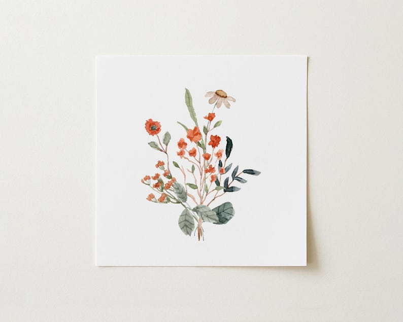 May include: Watercolor painting of a floral bouquet. The arrangement features orange and red flowers, green leaves, and a single daisy. The artwork is set against a white background, creating a soft and natural aesthetic. The style is delicate and botanical.