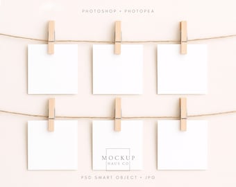 Six Small White Cards Mockup - 6 3x3 Square Tags Clipped to Clothesline, Event Seating or Party Game PSD Smart Object Template, JPG | 004