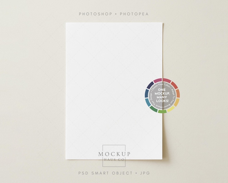 May include: A blank white paper mockup with a subtle grid pattern, ideal for showcasing designs. The image includes text that reads "Photoshop, Photopea" at the top and "One Mockup, Many Looks!" in a color wheel. The bottom text reads "PSD Smart Object, JPG".