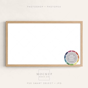 May include: A rectangular wooden frame with a blank white center. In the bottom right corner, a circular graphic features the text ONE MOCKUP, MANY LOOKS! surrounded by a multi-colored border. The top text reads PHOTOSHOP • PHOTOPEA.
