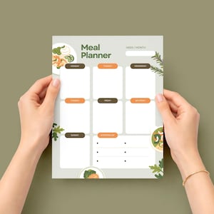 Puede incluir: Un planificador de comidas con las palabras "Meal Planner" en la parte superior. El planificador tiene secciones para cada d&iacute;a de la semana, con una secci&oacute;n de lista de compras en la parte inferior. El planificador est&aacute; sostenido por dos manos contra un fondo verde.