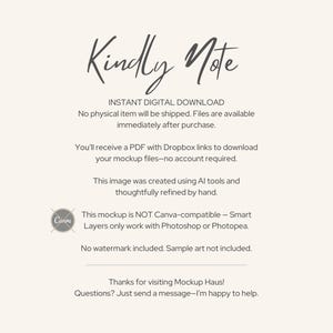 K&ouml;nnte beinhalten: Ein digitales Mockup-Bild mit dem Text "Kindly Note" in eleganter Schrift. Der Text beschreibt den digitalen Download-Prozess, einschlie&szlig;lich keinem physischen Artikel, Dropbox-Links und Canva-Kompatibilit&auml;tsinformationen. Der Hintergrund ist eine weiche, neutrale Farbe.