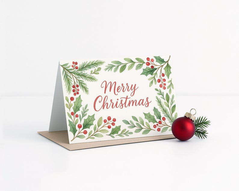 May include: A folded Christmas card with the words "Merry Christmas" in red script, surrounded by a watercolor design of green leaves and red berries. A red Christmas ornament and sprig of pine are next to the card.