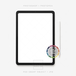 May include: A black tablet with a white screen, a white stylus, and a color wheel. The text "PHOTOSHOP • PHOTOPEA" is at the top. The text "ONE MOCKUP MANY LOOKS" is on the color wheel. The text "MOCKUP HAUS CO" is at the bottom.