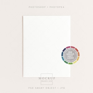 May include: A white rectangular card mockup with the text "PHOTOSHOP • PHOTOPEA" at the top. A color wheel graphic with the text "ONE MOCKUP, MANY LOOKS!" is on the right. The bottom has the text "MOCKUP HAUS CO" and "PSD SMART OBJECT • JPG".