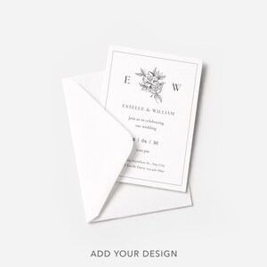 Puede incluir: Una invitaci&oacute;n de boda blanca con un dise&ntilde;o floral y los nombres "Estelle & William". La invitaci&oacute;n est&aacute; dentro de un sobre blanco. El texto de la invitaci&oacute;n dice "&Uacute;nase a nosotros para celebrar nuestra boda" y la fecha "8 | 04 | 30."