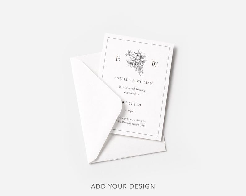 Puede incluir: Una invitaci&oacute;n de boda blanca con un dise&ntilde;o floral y los nombres "Estelle & William". La invitaci&oacute;n est&aacute; dentro de un sobre blanco. El texto de la invitaci&oacute;n dice "&Uacute;nase a nosotros para celebrar nuestra boda" y la fecha "8 | 04 | 30."