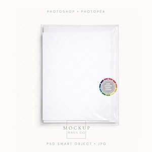 May include: A mockup of white paper sheets in a clear plastic sleeve. The text "PHOTOSHOP • PHOTOPEA" is at the top, and "MOCKUP HAUS CO" is at the bottom. A circular graphic with the text "ONE MOCKUP MANY LOOKS" is on the right.