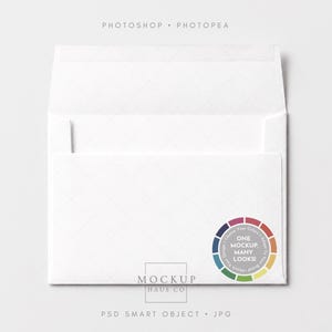 May include: A white envelope with a diamond-patterned texture, featuring a circular sticker with a colorful segmented wheel design and the text "ONE MOCKUP, MANY LOOKS!" along with "MOCKUP HAUS CO" and "PHOTOSHOP • PHOTOPEA" text at the top.