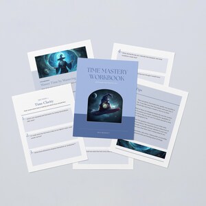 May include: A light blue workbook titled "Time Mastery Workbook" with an illustration of a wizard on a flying clock. Several pages with text and images are scattered around the workbook, with the title "Time Clarity" visible on one page.