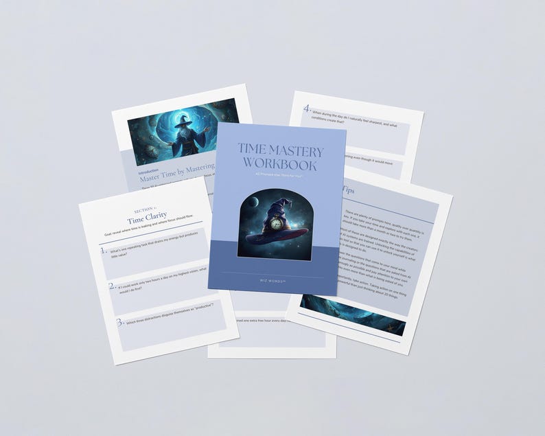 May include: A light blue workbook titled "Time Mastery Workbook" with an illustration of a wizard on a flying clock. Several pages with text and images are scattered around the workbook, with the title "Time Clarity" visible on one page.