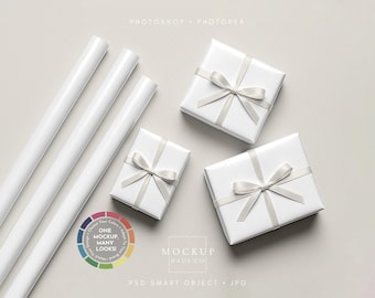 Wrapping Paper Mockup: 3 Gift Wrap Pattern Designs Display, Color Changing Bow and Background (PSD)