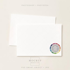 May include: Two white rectangular cards, one slightly overlapping the other, against a light beige background. A colorful circular logo with the text "ONE MOCKUP MANY LOOKS" is on the bottom right card. The top of the image has the text "PHOTOSHOP • PHOTOPEA".
