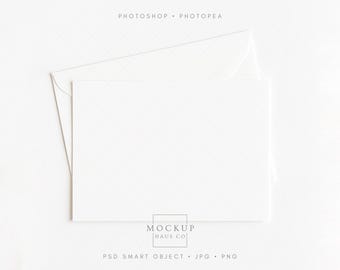 5x7 Flat Card Mockup with Envelope, Horizontal Blank White PSD Template for Invitation, Holiday, or Thank You, Easy Smart Object JPG PNG