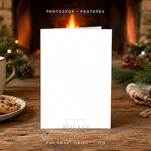 May include: A vertical white greeting card mockup centered in the frame. The card features a clean, blank surface for custom designs. Text at the top reads PHOTOSHOP • PHOTOPEA and at the bottom reads MOCKUP PSD SMART OBJECT • JPG.