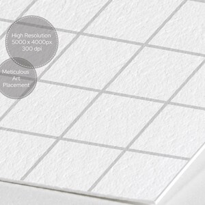 May include: A white textured paper surface featuring a light gray diamond grid pattern. Two circular overlays contain the text: High Resolution 5000 x 4000px 300 dpi and Meticulous Art Placement. The paper has a visible grain and a matte finish.