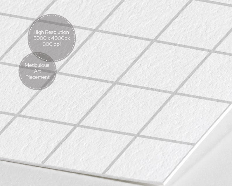 May include: A white textured paper surface featuring a light gray diamond grid pattern. Two circular overlays contain the text: High Resolution 5000 x 4000px 300 dpi and Meticulous Art Placement. The paper has a visible grain and a matte finish.