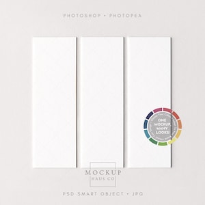 May include: Three vertical white rectangular cards arranged on a light background. A circular color palette with the text "ONE MOCKUP MANY LOOKS" is on the right. The text "MOCKUP HAUS CO" is at the bottom.