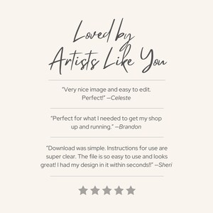 May include: Cream-colored graphic with the text "Loved by Artists Like You" in a handwritten style. Below are three customer testimonials with quotes and star ratings, praising the image's ease of use and quality.