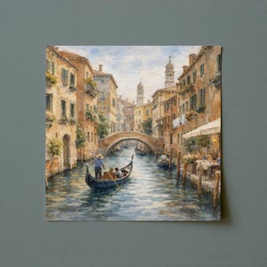 May include: Watercolor painting of a Venetian canal scene. A gondola with passengers and a gondolier in a striped shirt floats on the blue water. Buildings with arched windows and a bridge line the canal.