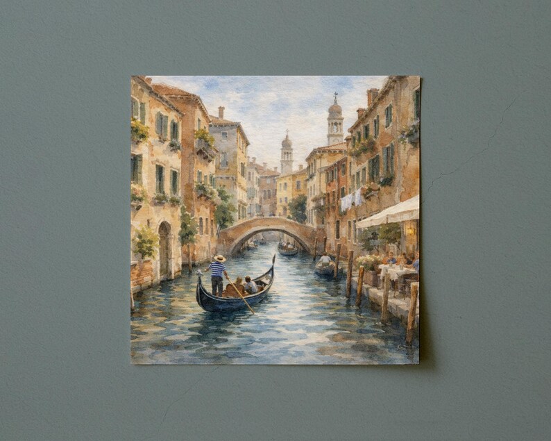 May include: Watercolor painting of a Venetian canal scene. A gondola with passengers and a gondolier in a striped shirt floats on the blue water. Buildings with arched windows and a bridge line the canal.