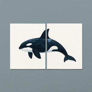 May include: Two-panel artwork featuring a watercolor illustration of an orca whale. The whale is depicted in shades of dark blue and black, with white markings. The artwork is set against a white background.