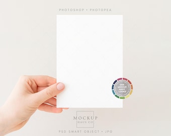 5x7 Invitation Mockup PSD Simple Greeting Card Mock up with Hand | Any Color Background