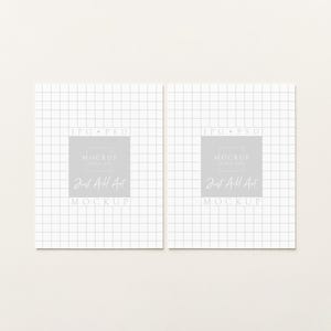 May include: Two white grid-patterned mockups with the text "JPG PSD" at the top. Each mockup has a gray square with the text "MOCKUP" and "Just All Art" in a stylized font. The mockups are on a light beige background.