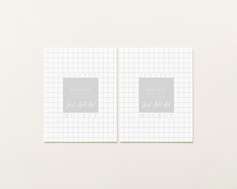 May include: Two white grid-patterned mockups with the text "JPG PSD" at the top. Each mockup has a gray square with the text "MOCKUP" and "Just All Art" in a stylized font. The mockups are on a light beige background.