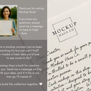 May include: A promotional image for Mockup Haus Co. features a woman holding a framed mockup, with text on the left side and a handwritten letter on the right. The text includes a thank you message and information about the shop's services.