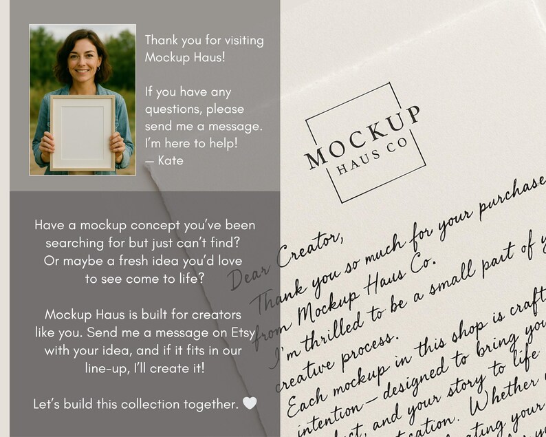 May include: A promotional image for Mockup Haus Co. features a woman holding a framed mockup, with text on the left side and a handwritten letter on the right. The text includes a thank you message and information about the shop's services.