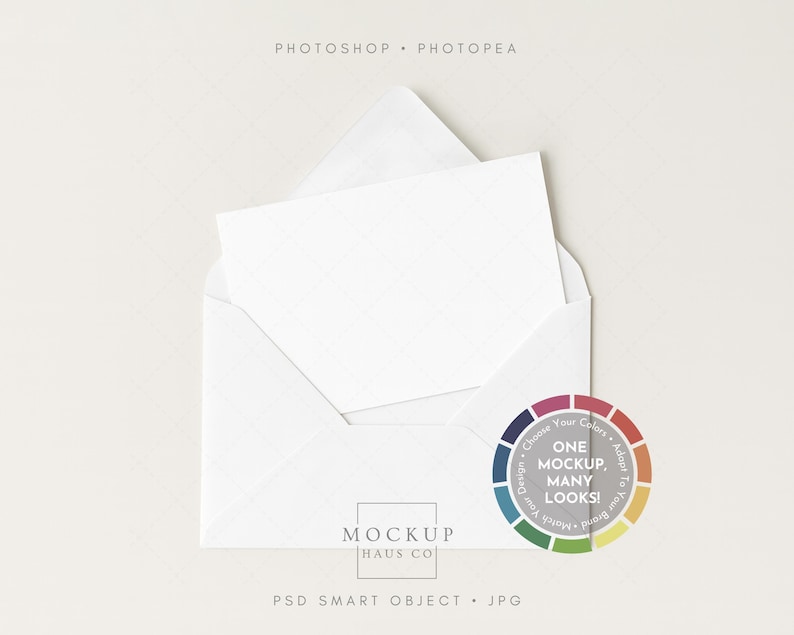 May include: A white envelope with a matching white card inside, set against a neutral background. The image includes a color wheel graphic with the text "ONE MOCKUP, MANY LOOKS!" and the words "PHOTOSHOP" and "PHOTOPAE".