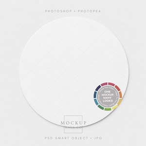 May include: A circular white mockup template featuring a subtle diamond pattern. The text at the top reads PHOTOSHOP • PHOTOPEA. A circular color wheel graphic includes the text ONE MOCKUP, MANY LOOKS! The bottom text reads MOCKUP HAUS CO and PSD SMART OBJECT • JPG.