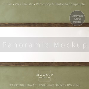 May include: A rectangular wooden frame with a white and gray interior, labeled "Panoramic Mockup." The frame is set against a textured olive-green background. Text at the top indicates compatibility with Photoshop and Photopea.