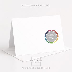 May include: A white folded card with an envelope, featuring a colorful circular design that reads "ONE MOCKUP MANY LOOKS". The card is set against a white background, with the text "MOCKUP HAUS CO" and "PSD SMART OBJECT • JPG".