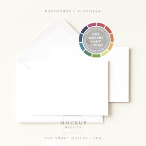 May include: A white stationery mockup showing an open envelope, a card, and a colour wheel graphic with the text "Choose Your Colors, One Mockup, Many Looks!". The design includes the text "PHOTOSHOP PHOTOPEA" and "MOCKUP HAUS CO".
