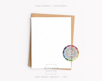 A2 Card Mockup Greeting Card Mockup with Kraft Envelope Thank You or Birthday Card Mock up PSD: Make Background Any Color!