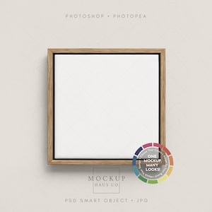 May include: A square canvas mockup featuring a light wood frame and a blank white centre. The text reads PHOTOSHOP • PHOTOPEA, MOCKUP HAUS CO, PSD SMART OBJECT • JPG, and a circular colour wheel graphic with the text ONE MOCKUP MANY LOOKS.