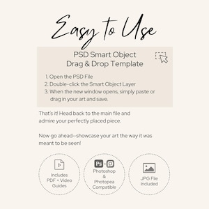 May include: Cream-colored graphic with the text "Easy to Use" in a cursive font. The image details a PSD Smart Object Drag & Drop Template, with instructions and icons for PDF guides, Photoshop compatibility, and JPG file inclusion.