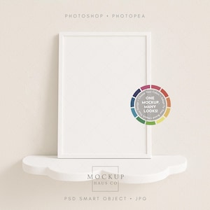 May include: A white framed mockup on a white shelf against a beige background. A color wheel graphic with the text "One Mockup, Many Looks" is on the right. The text "Photoshop, Photopea" is at the top, and "Mockup Haus Co" and "PSD Smart Object JPG" are at the bottom.