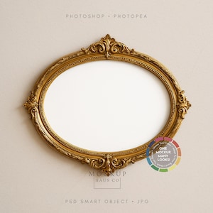 May include: An ornate, oval-shaped gold frame with intricate detailing. The frame has a white interior and is set against a neutral background. A colorful circular graphic is in the lower right corner.