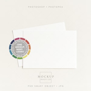 May include: A mockup featuring two white rectangular cards with a color wheel graphic. The color wheel reads "Choose Your Colors, One Mockup, Many Looks!" and "Adopt To Your Brand". The text "Mockup Haus Co" is also visible.