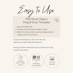 K&ouml;nnte beinhalten: Cremefarbene Grafik mit den Worten "Easy to Use" in Handschrift. Das Bild zeigt eine PSD Smart Object Drag & Drop Vorlage mit Anweisungen und Symbolen f&uuml;r PDF-Anleitungen, Photoshop-Kompatibilit&auml;t und JPG-Dateien.