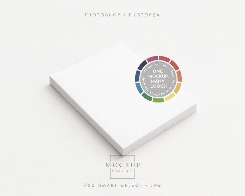 Peut inclure: Une pile de cartes carr&eacute;es blanches avec le texte "ONE MOCKUP, MANY LOOKS!" dans un design circulaire color&eacute;. Les mots "PHOTOSHOP" et "PHOTOPEA" sont en haut. Les mots "MOCKUP HAUS CO" et "PSD SMART OBJECT . JPG" sont en bas.