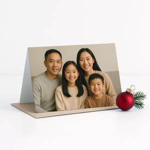 May include: A holiday greeting card featuring a family portrait. The card is propped up on a white surface, with a red Christmas ornament and a sprig of greenery to the right.
