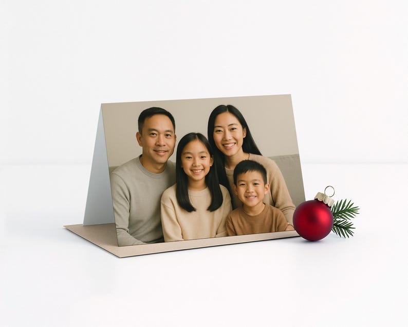 May include: A holiday greeting card featuring a family portrait. The card is propped up on a white surface, with a red Christmas ornament and a sprig of greenery to the right.