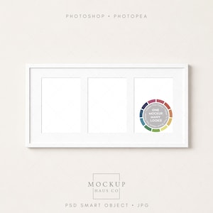 May include: A white triple photo frame with three blank spaces for images. The frame has a clean, modern design. The text "PHOTOSHOP • PHOTOPEA" is at the top. A color wheel graphic and the text "ONE MOCKUP MANY LOOKS" are on the right. The text "MOCKUP HAUS CO" and "PSD SMART OBJECT • JPG" are at the bottom.