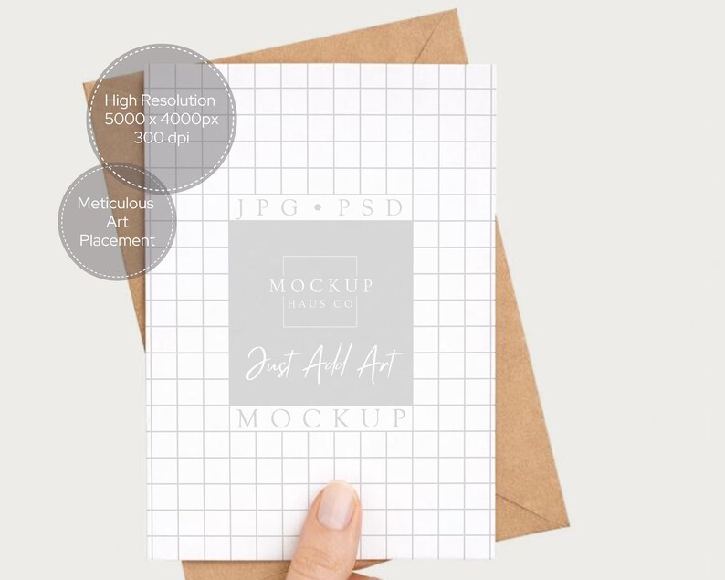 May include: A white card with a grid pattern and the text "Just Add Art MOCKUP" is held over a brown envelope. The card also has the text "High Resolution 5000 x 4000px 300 dpi" and "Meticulous Art Placement".