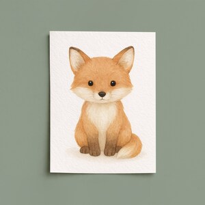 May include: Watercolor illustration of a seated fox. The fox has orange fur with a white chest and belly. It has large, pointed ears and dark eyes. The artwork is on a white background.